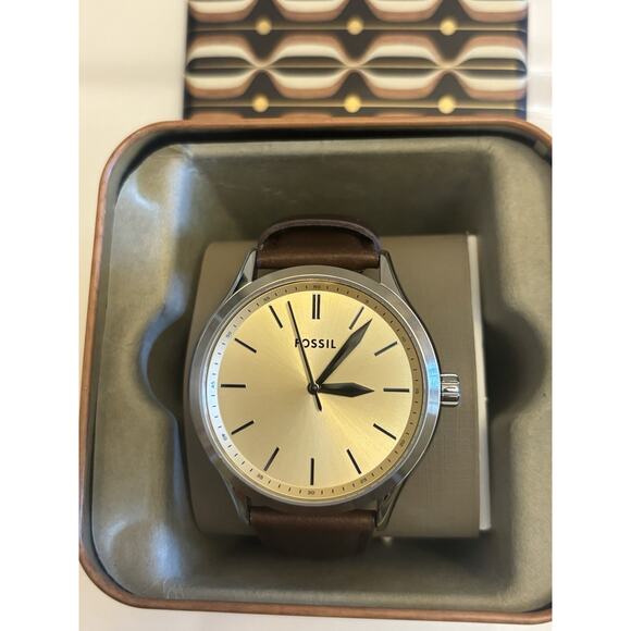Fossil Fenmore BQ2865 44mm Cream Dial Brown Leather Quartz Watch - Picture 1 of 16